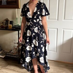 Lulus Floral Wrap Dress in Black and White